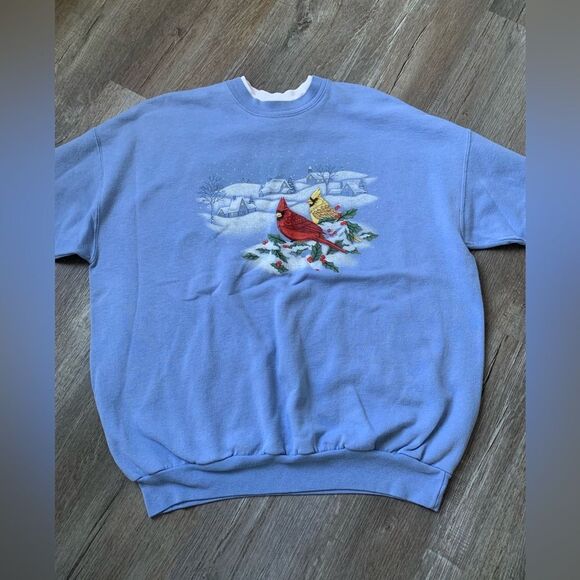 VTG Morning Sun Cardinal Snow Winter Sweatshirt Pullover Blue White Size L XL - Picture 2 of 9